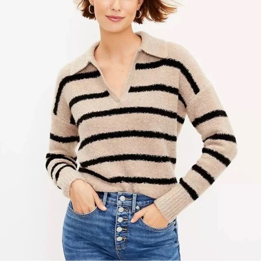 LOFT Black and Tan Striped Boucle Knit Sweater